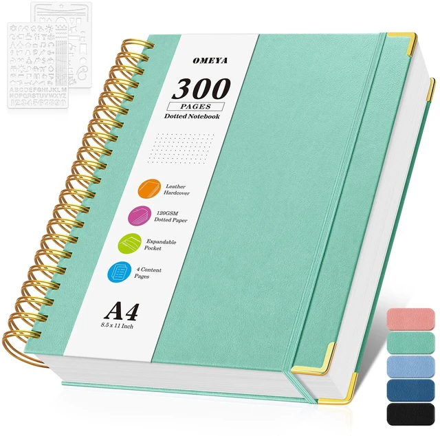 Main image of Bullet Dotted Journal Notebook, 300 Pages Leather Notebooks with Contens 120 GSM Thick No Bleed Through Paper Journals, A4 Large Dot Grid Spiral Notebook for Women Men Work Writing, 8.5" x 11",Green