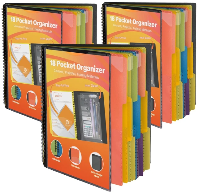 Main image of 3 Pack 18 Pocket Poly Project Organizer, 9 Dividers, Letter Size Folder Organizer, Front Cover Pocket, Inner Zipper Pouch, College Courses, Training, Office Projects