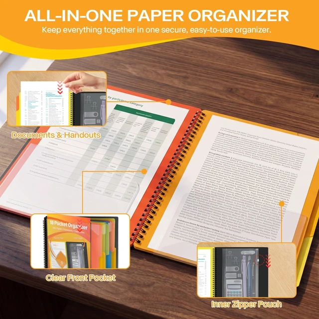 Alt view image 4 of 7 - 3 Pack 18 Pocket Poly Project Organizer, 9 Dividers, Letter Size Folder Organizer, Front Cover Pocket, Inner Zipper Pouch, College Courses, Training, Office Projects