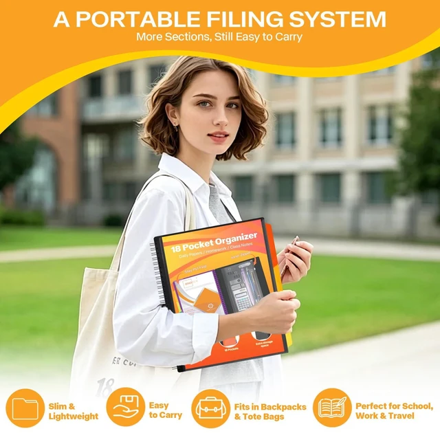 Alt view image 6 of 7 - 3 Pack 18 Pocket Poly Project Organizer, 9 Dividers, Letter Size Folder Organizer, Front Cover Pocket, Inner Zipper Pouch, College Courses, Training, Office Projects