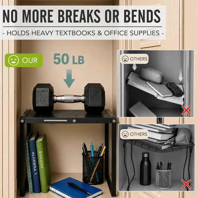 Alt view image 5 of 7 - Adjustable Locker Shelf Organizer for School - Metal Black Locker Accessories Shelves for Boys Girls, Divider Decor Stand for Office Gym Locker Storage