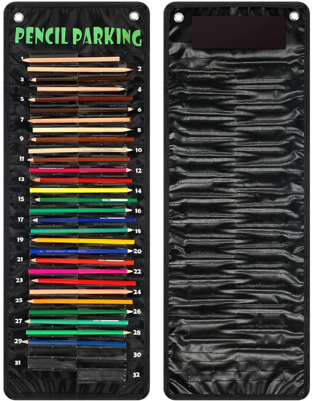 Main image of Pencil Parking Pocket Chart, Classroom Wall Organizer, Basic Hanging Pencil Dispenser Holder, 32 Numbered Clear Slots, Magnetic Strip & Grommets, Student Back to School Supplies