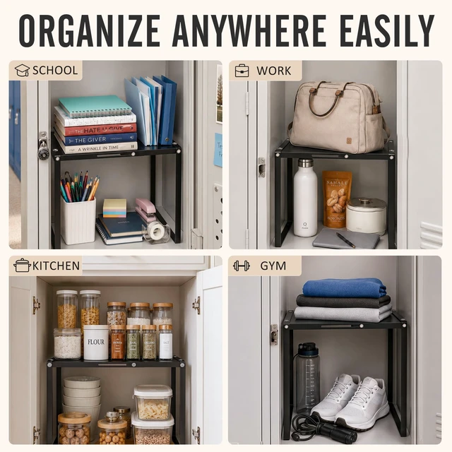 Alt view image 7 of 7 - Adjustable Locker Shelf Organizer for School - Metal Black Locker Accessories Shelves for Boys Girls, Divider Decor Stand for Office Gym Locker Storage