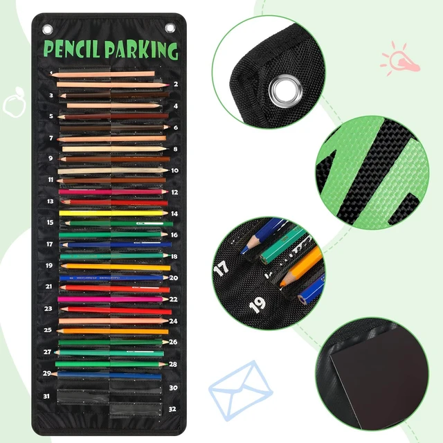Alt view image 2 of 6 - Pencil Parking Pocket Chart, Classroom Wall Organizer, Basic Hanging Pencil Dispenser Holder, 32 Numbered Clear Slots, Magnetic Strip & Grommets, Student Back to School Supplies