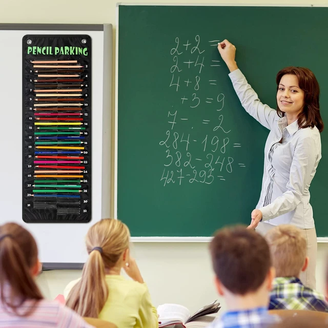 Alt view image 4 of 6 - Pencil Parking Pocket Chart, Classroom Wall Organizer, Basic Hanging Pencil Dispenser Holder, 32 Numbered Clear Slots, Magnetic Strip & Grommets, Student Back to School Supplies