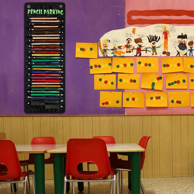 Alt view image 3 of 6 - Pencil Parking Pocket Chart, Classroom Wall Organizer, Basic Hanging Pencil Dispenser Holder, 32 Numbered Clear Slots, Magnetic Strip & Grommets, Student Back to School Supplies