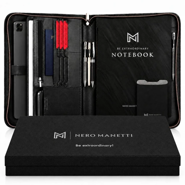 Main image of Zippered Leather Portfolio Folder, Padfolio for Men & Women Black, Legal Pad & Tablet Holder, Vegan PU Leather, For Resumes & Interviews, Phone Pocket, Executive Binder