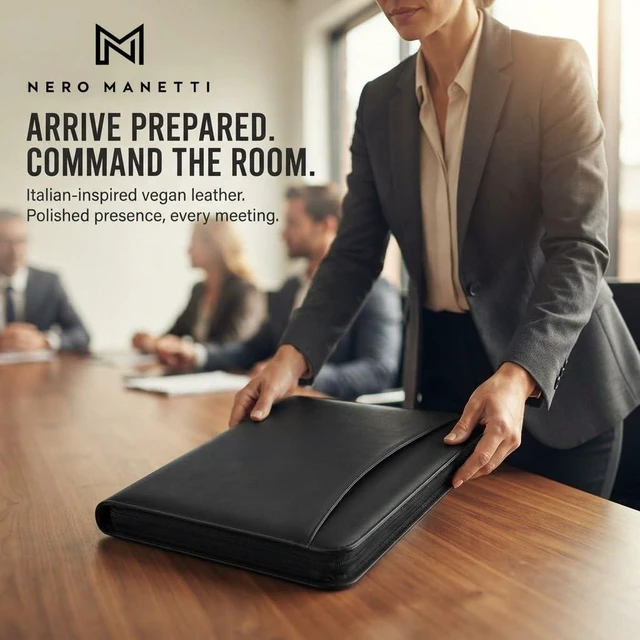 Alt view image 2 of 7 - Zippered Leather Portfolio Folder, Padfolio for Men & Women Black, Legal Pad & Tablet Holder, Vegan PU Leather, For Resumes & Interviews, Phone Pocket, Executive Binder