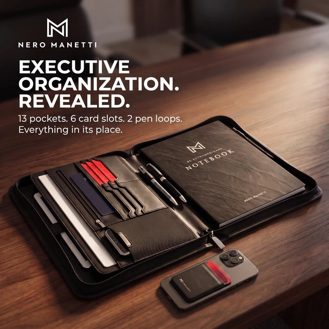Alt view image 6 of 7 - Zippered Leather Portfolio Folder, Padfolio for Men & Women Black, Legal Pad & Tablet Holder, Vegan PU Leather, For Resumes & Interviews, Phone Pocket, Executive Binder