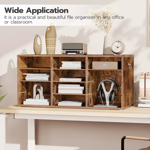 Alt view image 3 of 7 - Countertop Mail Sorter Organizer, Wooden Literature Organizer, Student Mailbox for Classroom, Desktop Bill Organizer for Office Home School, 12 Compartments Rustic Brown FG43WF01