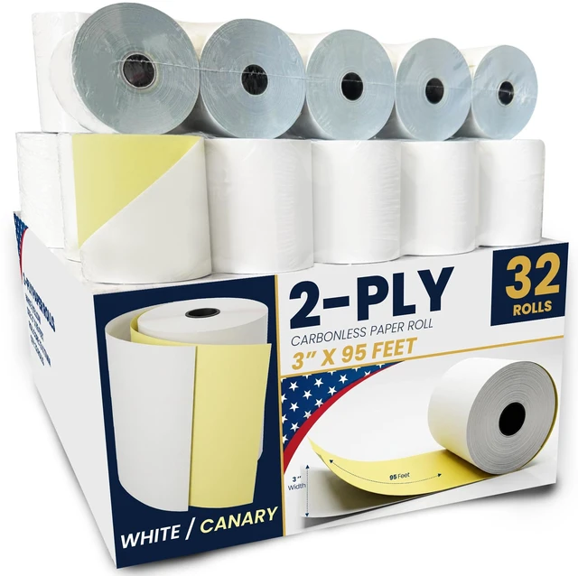 Main image of Kitchen Printer Paper Receipt Rolls (Size:3"x95ft)(32PK) 2 Ply White/Yellow Fits All Standard Kitchen Printers - (Star SP700 SP2000 UP389 250)