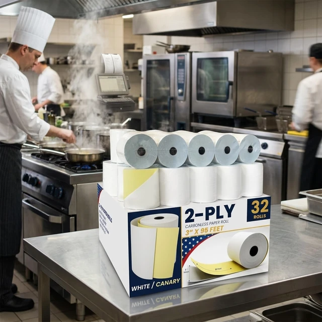 Alt view image 7 of 7 - Kitchen Printer Paper Receipt Rolls (Size:3"x95ft)(32PK) 2 Ply White/Yellow Fits All Standard Kitchen Printers - (Star SP700 SP2000 UP389 250)