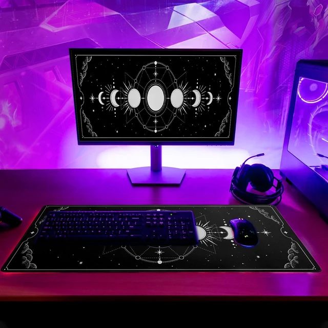 Alt view image 6 of 7 - Sun Moon Gaming Mouse Pad Black Large Mouse Pad for Keyboard and Mousepad Desk Mat with 3mm Non-Slip Base and Stitched Edge for Gaming and Office Computer Mat Protector Mat 27.6x11.8 Inch