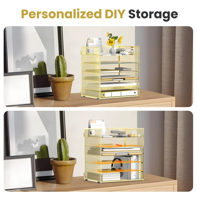 Alt view image 3 of 7 - 6-Tier Paper Organizer for Desk with Handle, Gold Sturdy Metal Mesh Organizer with Movable Middle Trays and a Carry Handle for Papers, Folders and Office Supplies