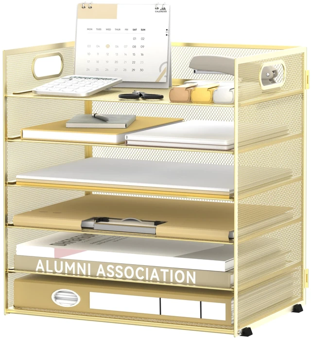 Main image of 6-Tier Paper Organizer for Desk with Handle, Gold Sturdy Metal Mesh Organizer with Movable Middle Trays and a Carry Handle for Papers, Folders and Office Supplies