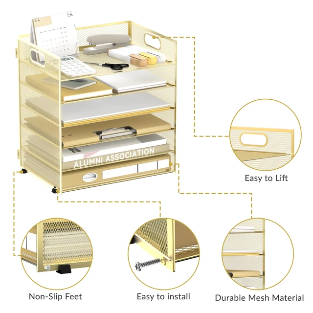 Alt view image 4 of 7 - 6-Tier Paper Organizer for Desk with Handle, Gold Sturdy Metal Mesh Organizer with Movable Middle Trays and a Carry Handle for Papers, Folders and Office Supplies
