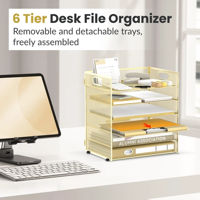 Alt view image 5 of 7 - 6-Tier Paper Organizer for Desk with Handle, Gold Sturdy Metal Mesh Organizer with Movable Middle Trays and a Carry Handle for Papers, Folders and Office Supplies