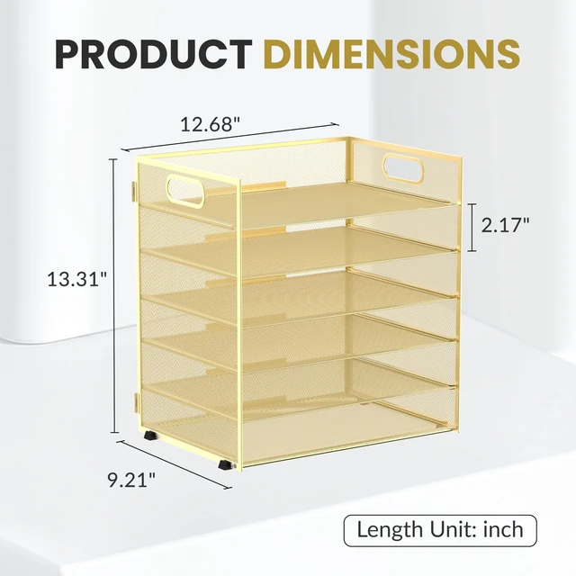 Alt view image 2 of 7 - 6-Tier Paper Organizer for Desk with Handle, Gold Sturdy Metal Mesh Organizer with Movable Middle Trays and a Carry Handle for Papers, Folders and Office Supplies
