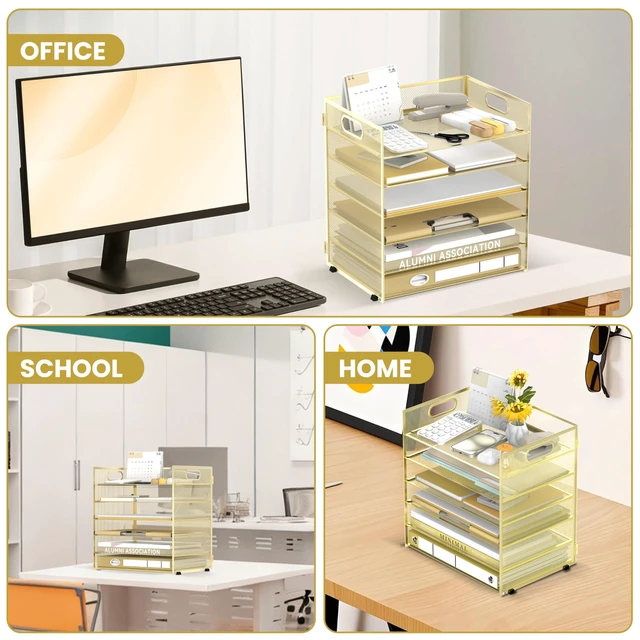 Alt view image 6 of 7 - 6-Tier Paper Organizer for Desk with Handle, Gold Sturdy Metal Mesh Organizer with Movable Middle Trays and a Carry Handle for Papers, Folders and Office Supplies