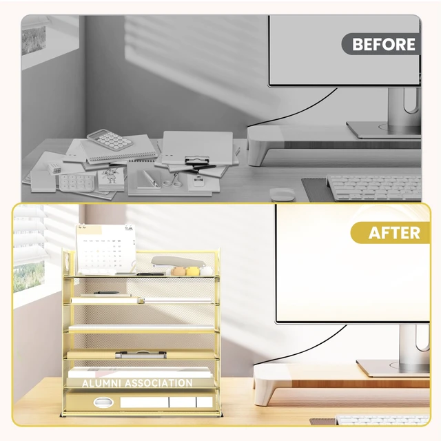 Alt view image 7 of 7 - 6-Tier Paper Organizer for Desk with Handle, Gold Sturdy Metal Mesh Organizer with Movable Middle Trays and a Carry Handle for Papers, Folders and Office Supplies