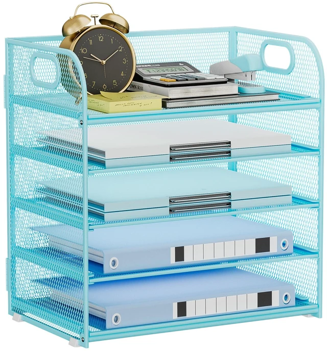 Main image of Paper Organizer Letter Tray with Handle Mesh 5-Tier Stackable Desk Organizer for Files/Paper/Office Supplies, Sturdy Carbon Steel Desk Organizer for Home Office & Classroom