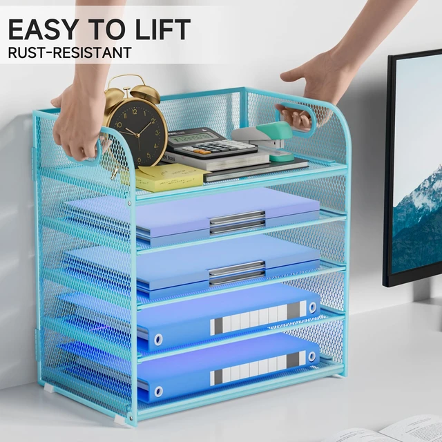 Alt view image 4 of 7 - Paper Organizer Letter Tray with Handle Mesh 5-Tier Stackable Desk Organizer for Files/Paper/Office Supplies, Sturdy Carbon Steel Desk Organizer for Home Office & Classroom