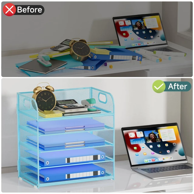 Alt view image 5 of 7 - Paper Organizer Letter Tray with Handle Mesh 5-Tier Stackable Desk Organizer for Files/Paper/Office Supplies, Sturdy Carbon Steel Desk Organizer for Home Office & Classroom