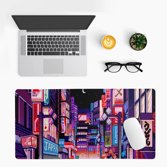Alt view image 3 of 7 - Dark Purple Japanese Gaming Mouse Pad Abstract Anime Mat 27.6x11.8 Inch Tokyo Pixel Street Texture Non-Slip Rubber Base Kawaii Mousepad Stitched Edges Keyboard Desk Pad for Office and Home Game