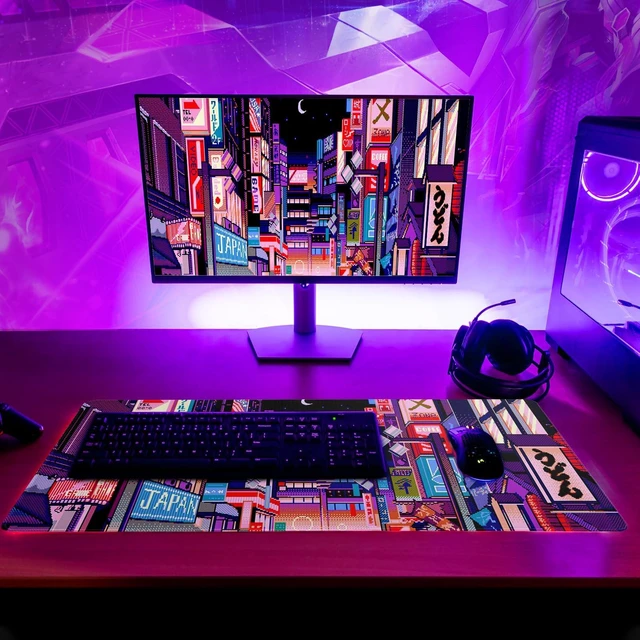 Alt view image 6 of 7 - Dark Purple Japanese Gaming Mouse Pad Abstract Anime Mat 27.6x11.8 Inch Tokyo Pixel Street Texture Non-Slip Rubber Base Kawaii Mousepad Stitched Edges Keyboard Desk Pad for Office and Home Game