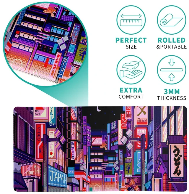 Alt view image 5 of 7 - Dark Purple Japanese Gaming Mouse Pad Abstract Anime Mat 27.6x11.8 Inch Tokyo Pixel Street Texture Non-Slip Rubber Base Kawaii Mousepad Stitched Edges Keyboard Desk Pad for Office and Home Game