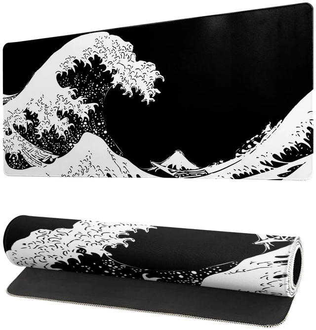 Main image of Japanese Sea Wave Large Mouse Pad, Abstract Black Gaming Mousepad, Extended Kanagawa Mat Desk Pad, 3mm Thick Long Non-Slip Rubber Base Mice Pad for Office and Home, 27.6x11.8 Inch