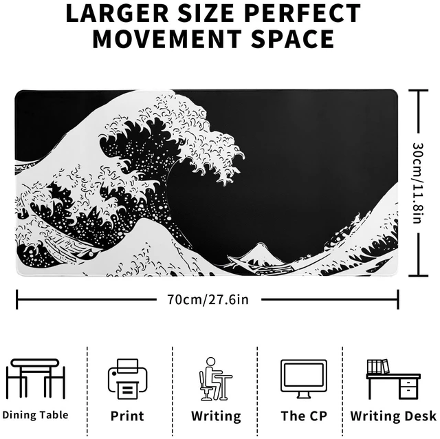 Alt view image 2 of 7 - Japanese Sea Wave Large Mouse Pad, Abstract Black Gaming Mousepad, Extended Kanagawa Mat Desk Pad, 3mm Thick Long Non-Slip Rubber Base Mice Pad for Office and Home, 27.6x11.8 Inch