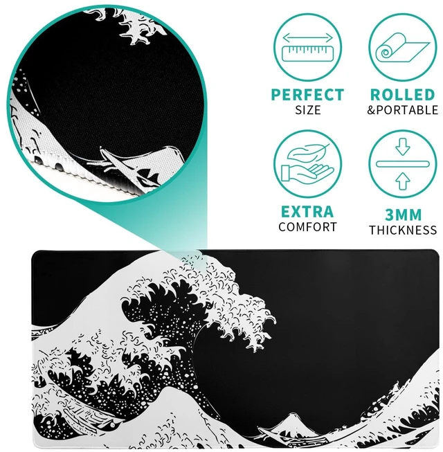 Alt view image 5 of 7 - Japanese Sea Wave Large Mouse Pad, Abstract Black Gaming Mousepad, Extended Kanagawa Mat Desk Pad, 3mm Thick Long Non-Slip Rubber Base Mice Pad for Office and Home, 27.6x11.8 Inch