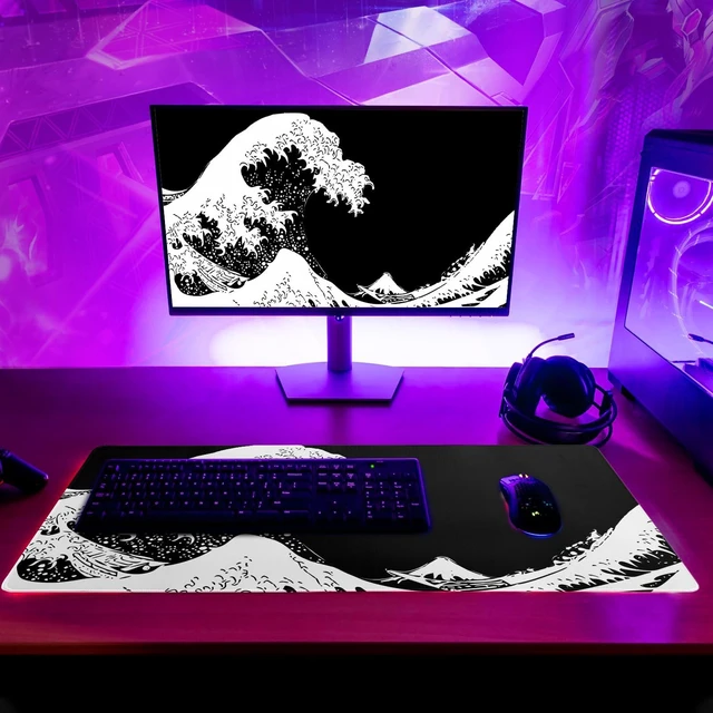 Alt view image 6 of 7 - Japanese Sea Wave Large Mouse Pad, Abstract Black Gaming Mousepad, Extended Kanagawa Mat Desk Pad, 3mm Thick Long Non-Slip Rubber Base Mice Pad for Office and Home, 27.6x11.8 Inch