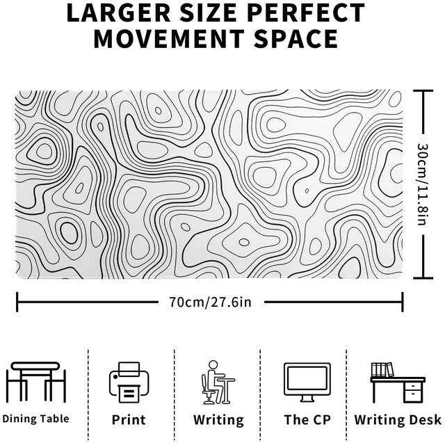 Alt view image 2 of 7 - Topographic Contour Gaming Mouse Pad White Large Mouse Pad for Keyboard and Mousepad Desk Mat with 3mm Non-Slip Base and Stitched Edge for Gaming and Office Computer Mat Protector Mat 27.6x11.8 Inch