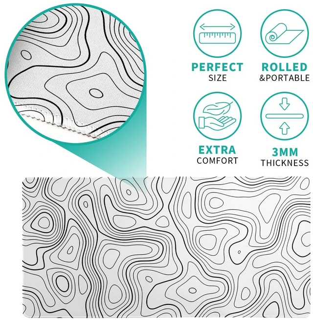 Alt view image 5 of 7 - Topographic Contour Gaming Mouse Pad White Large Mouse Pad for Keyboard and Mousepad Desk Mat with 3mm Non-Slip Base and Stitched Edge for Gaming and Office Computer Mat Protector Mat 27.6x11.8 Inch