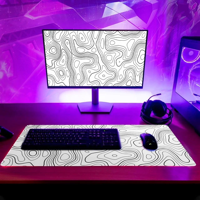 Alt view image 6 of 7 - Topographic Contour Gaming Mouse Pad White Large Mouse Pad for Keyboard and Mousepad Desk Mat with 3mm Non-Slip Base and Stitched Edge for Gaming and Office Computer Mat Protector Mat 27.6x11.8 Inch
