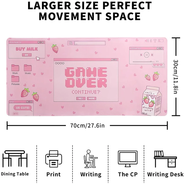 Alt view image 2 of 7 - Pink Gaming Mouse Pad 27.6x11.8 Inch Pastel Game Over Large Mousepad Kawaii Office Decor for Women Non-Slip Rubber Base Stitched Edges Keyboard Mouse Mat Desk Pad for Office Home and Game