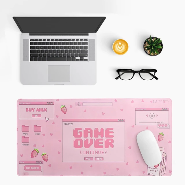 Alt view image 3 of 7 - Pink Gaming Mouse Pad 27.6x11.8 Inch Pastel Game Over Large Mousepad Kawaii Office Decor for Women Non-Slip Rubber Base Stitched Edges Keyboard Mouse Mat Desk Pad for Office Home and Game