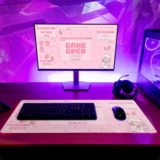 Alt view image 6 of 7 - Pink Gaming Mouse Pad 27.6x11.8 Inch Pastel Game Over Large Mousepad Kawaii Office Decor for Women Non-Slip Rubber Base Stitched Edges Keyboard Mouse Mat Desk Pad for Office Home and Game