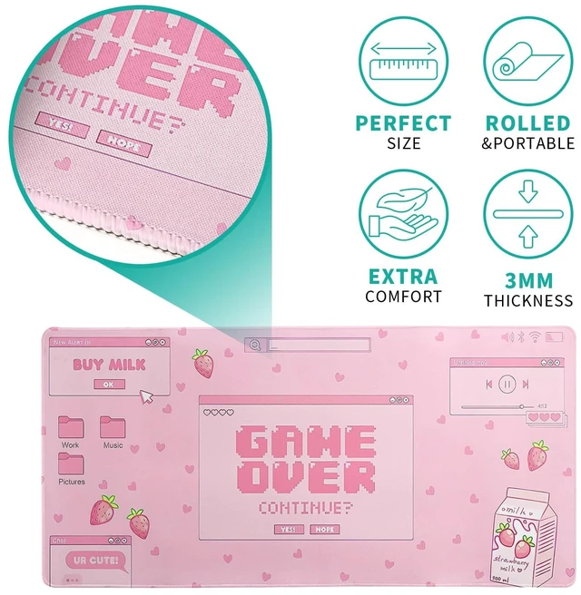 Alt view image 5 of 7 - Pink Gaming Mouse Pad 27.6x11.8 Inch Pastel Game Over Large Mousepad Kawaii Office Decor for Women Non-Slip Rubber Base Stitched Edges Keyboard Mouse Mat Desk Pad for Office Home and Game