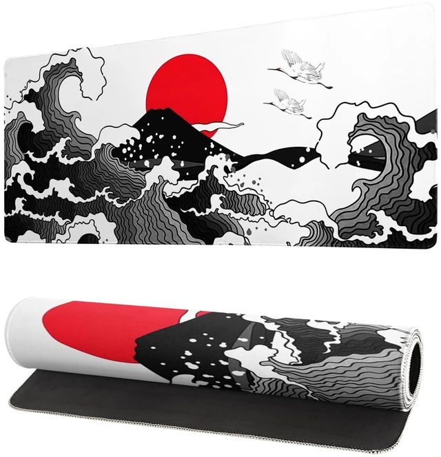 Main image of Japanese Red and Black Wave Gaming Mouse Pad Extended Large Mouse Mat Desk Pad Sea Texture Non-Slip Rubber Base Wave Mousepad Stitched Edges Keyboard Desk Pad for Office Home Game 27.6x11.8 Inch