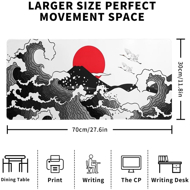 Alt view image 2 of 7 - Japanese Red and Black Wave Gaming Mouse Pad Extended Large Mouse Mat Desk Pad Sea Texture Non-Slip Rubber Base Wave Mousepad Stitched Edges Keyboard Desk Pad for Office Home Game 27.6x11.8 Inch