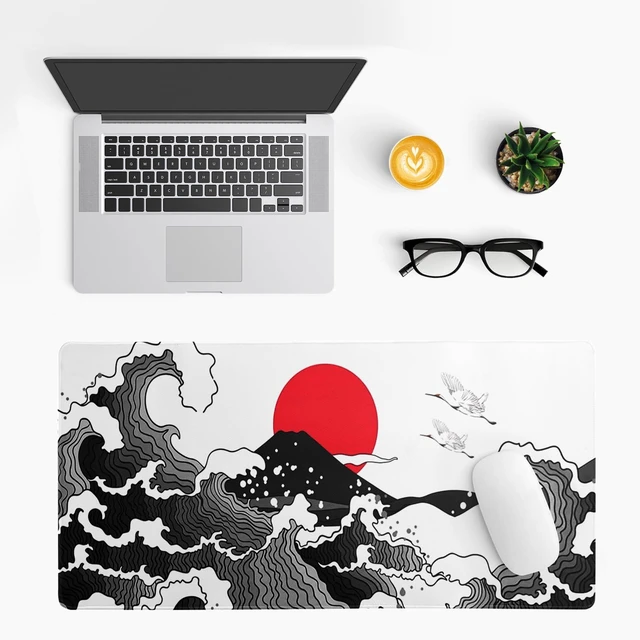Alt view image 3 of 7 - Japanese Red and Black Wave Gaming Mouse Pad Extended Large Mouse Mat Desk Pad Sea Texture Non-Slip Rubber Base Wave Mousepad Stitched Edges Keyboard Desk Pad for Office Home Game 27.6x11.8 Inch