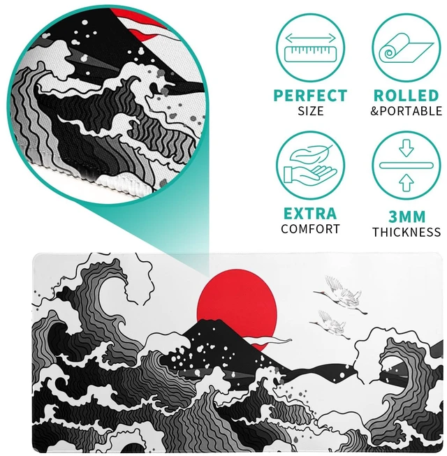Alt view image 5 of 7 - Japanese Red and Black Wave Gaming Mouse Pad Extended Large Mouse Mat Desk Pad Sea Texture Non-Slip Rubber Base Wave Mousepad Stitched Edges Keyboard Desk Pad for Office Home Game 27.6x11.8 Inch