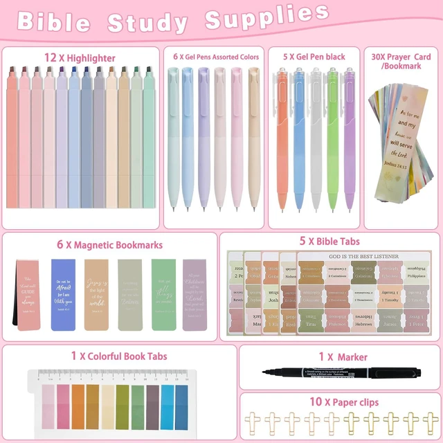 Alt view image 2 of 7 - 76-Piece Bible Study Supplies, Bible Journaling Kit for Women No-bleed highlighters, gel pens, Bible tabs, magnetic bookmarks, cross clips, prayer cards and marker for scripture study