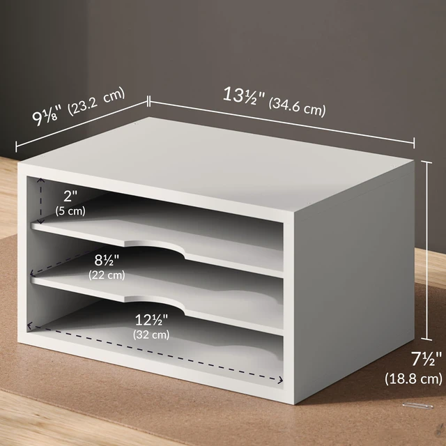 Alt view image 3 of 7 - File Organizer, 3-Tier Document Paper Sorter, Stackable Wood Desk Organizer, Mail Sorter and Monitor Stand with Storage Shelves, White