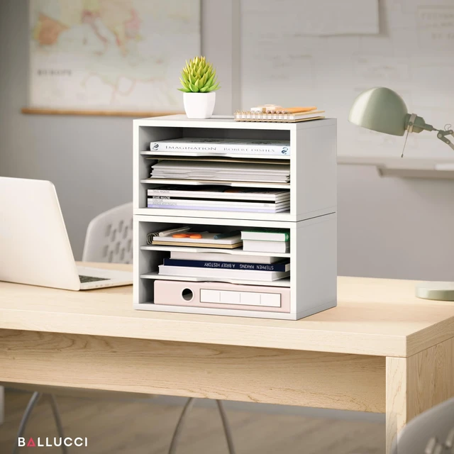 Alt view image 6 of 7 - File Organizer, 3-Tier Document Paper Sorter, Stackable Wood Desk Organizer, Mail Sorter and Monitor Stand with Storage Shelves, White