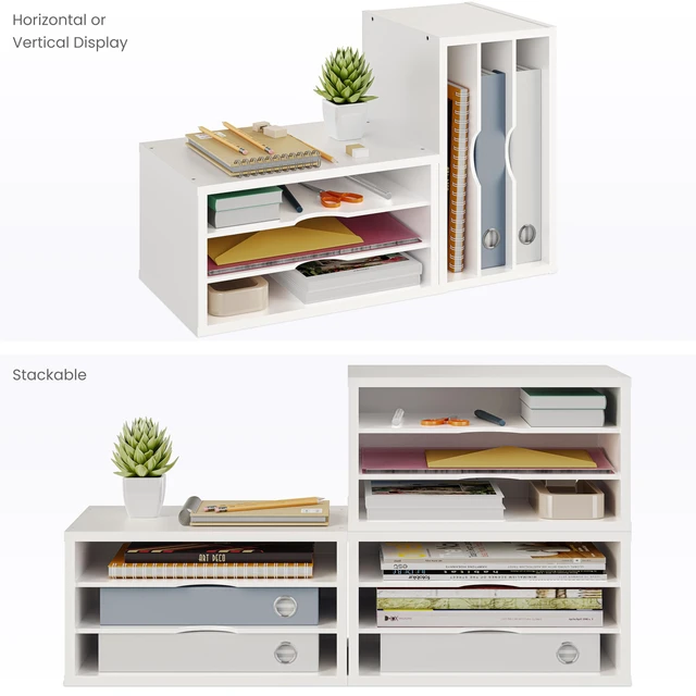 Alt view image 5 of 7 - File Organizer, 3-Tier Document Paper Sorter, Stackable Wood Desk Organizer, Mail Sorter and Monitor Stand with Storage Shelves, White