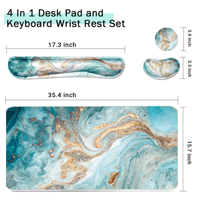 Alt view image 2 of 6 - Keyboard Mouse Pad Set, Extended Mouse Pad+Keyboard Wrist Rest Support, Memory Foam Ergonomic Easy Typing, 3Pcs (35.4×15.7 in) Desk Pad Set for Home Office Study Game-Green Marble